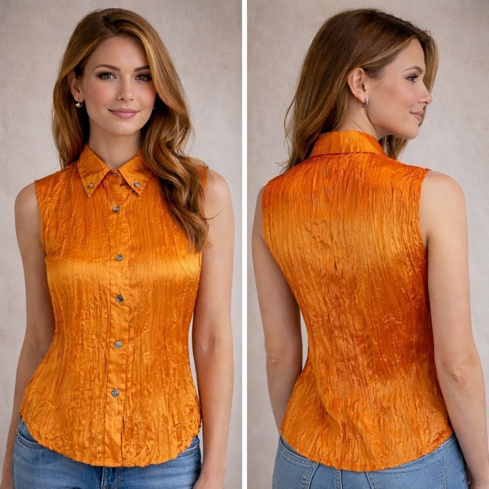 Calvin Klein button down sleeveless gold crinkle top shirt 100% Silk size 2